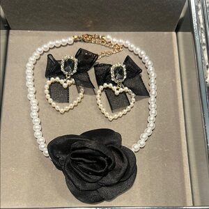 Pearl Necklace and Heart Earrings Set